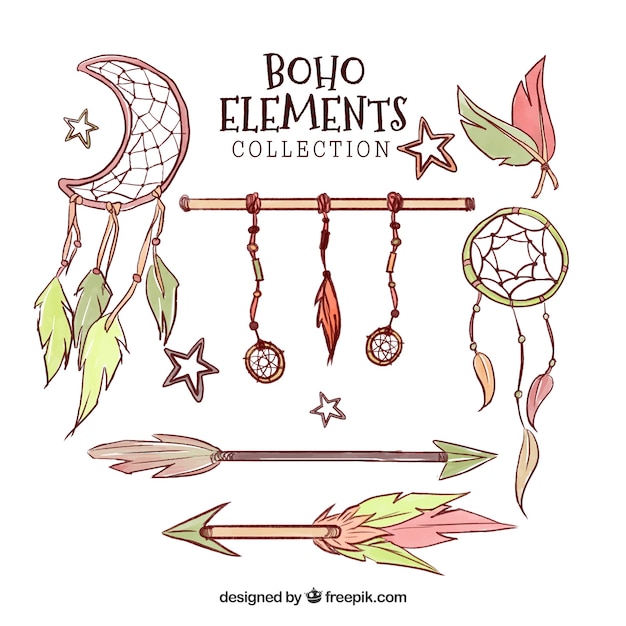 Gratis vector boho-elementeninzameling in hand getrokken stijl