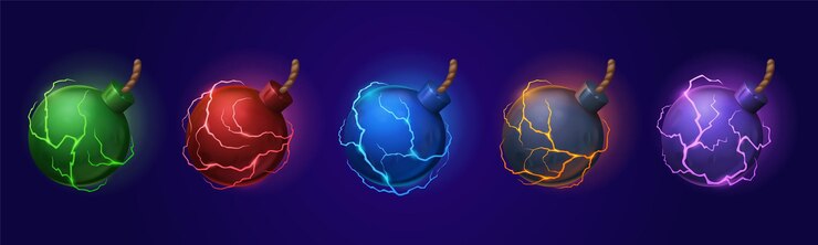 Gratis Vector bommen met zekering rekwisieten spel pictogrammen metalen ballen