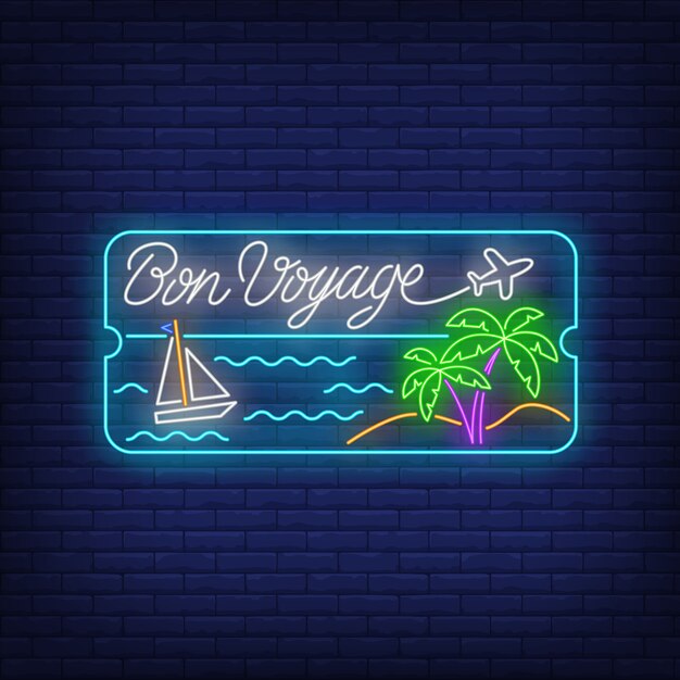 Bon Voyage neon belettering met zee strand, palmbomen en schip