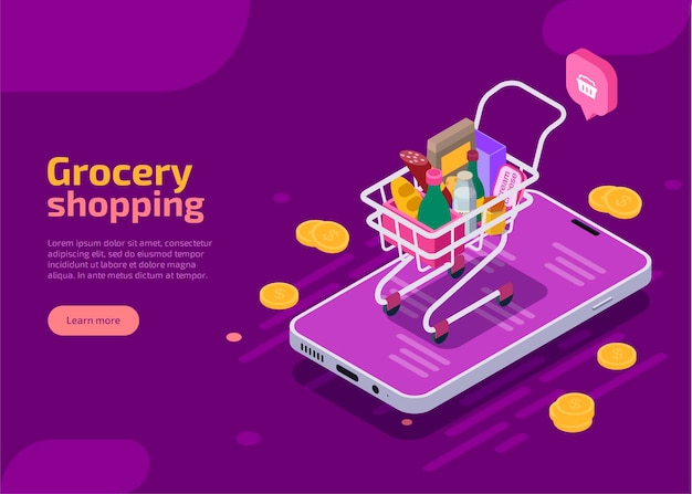 Gratis vector boodschappen doen isometrische bestemmingspagina, paarse webbanner.