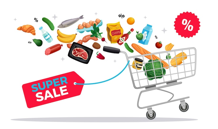 Gratis Vector boodschappentas mand nul afval eco samenstelling met tekst tag korting vliegende producten en trolley kar illustratie