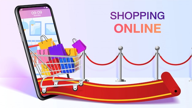 Boodschappentassen in een trolley mobiel of smartphone. winkelen online websitesjabloon. mobiele winkel applicatie concept. marketing en digitale marketing. .