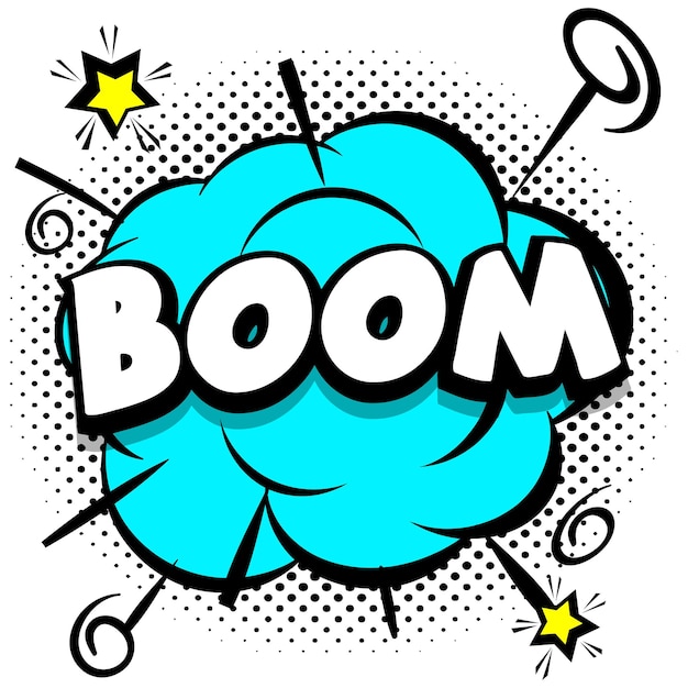 Gratis vector boom comic heldere sjabloon met tekstballonnen op kleurrijke frames