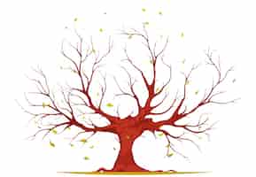 Gratis vector boom met takken en wortels, dalende bladeren, op witte achtergrond, illustratie