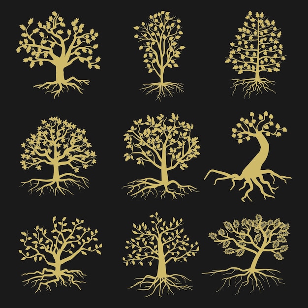 Gratis vector boom silhouetten met bladeren en wortels geïsoleerd op zwarte achtergrond. illustratie van de bomen van de aardvorm