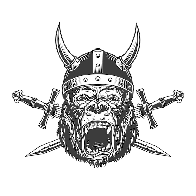 Gratis vector boos gorillahoofd in de gehoornde helm van viking