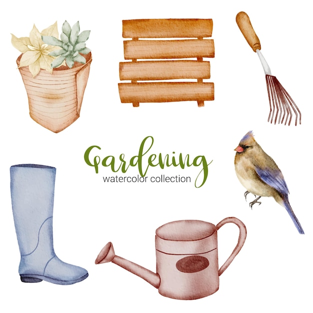 Boot, houten banner, vogel en gieter set tuinieren objecten in aquarel stijl op het thema tuin.