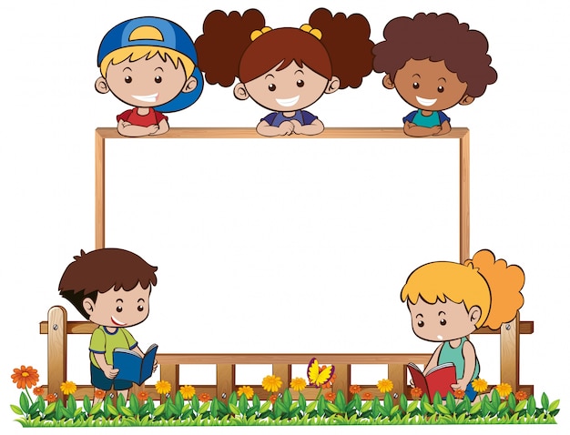 Gratis vector bordsjabloon met vijf kinderen in de tuin