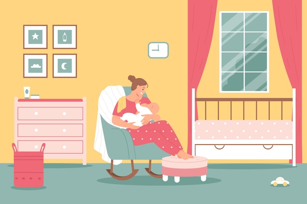 Gratis vector borstvoeding gekleurde compositie vrouw zit op stoel in de kinderkamer en geeft haar baby borstvoeding met haar voeten op poef voor comfort vectorillustratie
