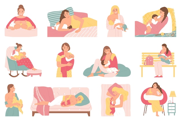 Borstvoeding icon set vector vrouwen voeden hun kinderen staand, op de bank op het bed zittend op speciale kussens illustratie