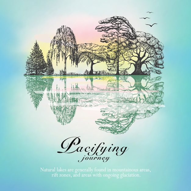 Gratis vector bos landschap reflectie hand getekende poster