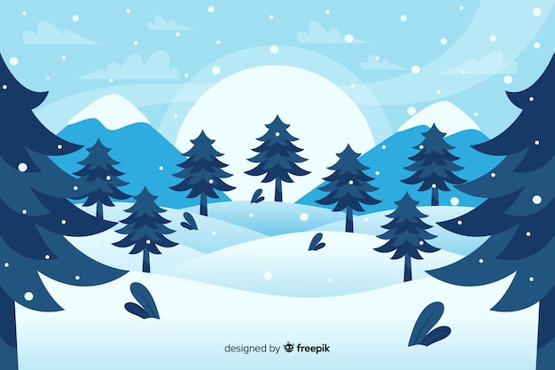 Gratis vector bos van kerstbomen en bergen plat ontwerp