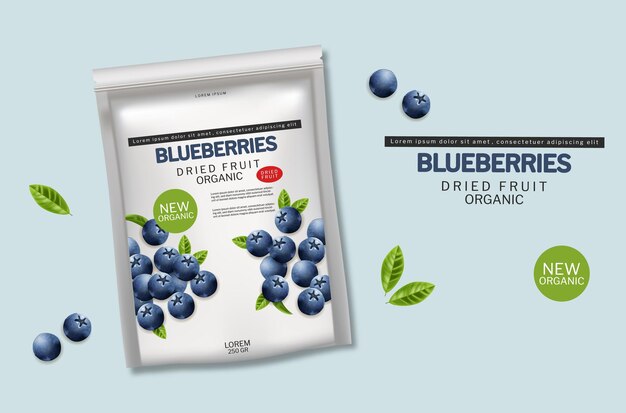 Bosbessen gedroogd biologisch fruit Vector realistisch. Mock-ups voor reclamebanners