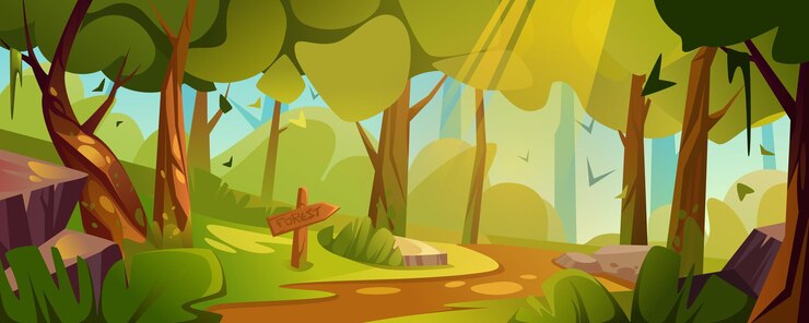 Gratis Vector bospad en houten verkeersbord landschap vector achtergrond houten pijlbord met richting op stok zomer reisgids kennisgeving in mysterie park locatie informatie billboard ontwerp op weg