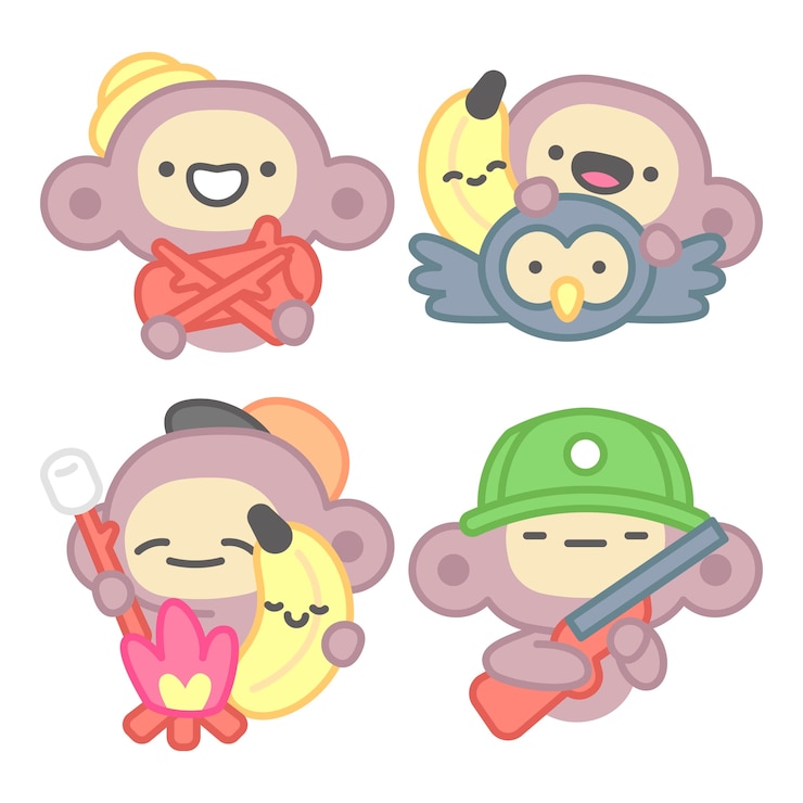 Gratis Vector bosplakkerscollectie met aap en banaan.