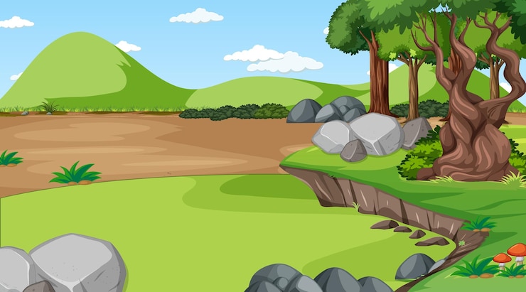 Gratis Vector bosscène met verschillende bosbomen en bergen