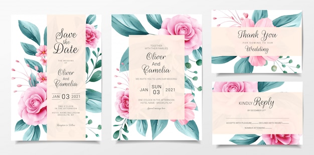 Botanische bruiloft uitnodiging kaartsjabloon ingesteld met aquarel bloemen decoratie