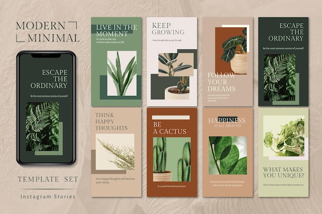 Gratis vector botanische plant inspirerende sjabloon vector sociale media verhaal in minimalistische stijlenset