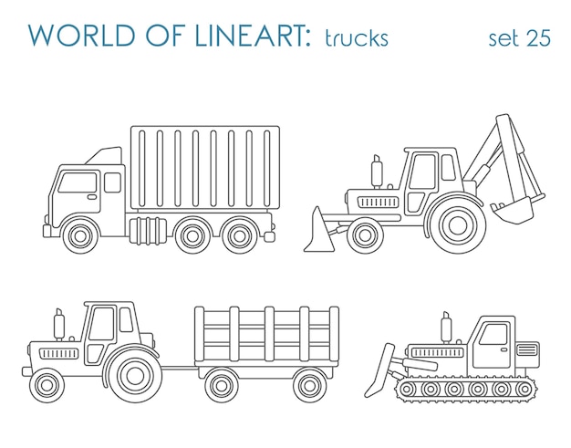 Bouw gemeentelijk vervoer al lineart set. Kipper graafmachine tractor grader. Lijn kunstcollectie.