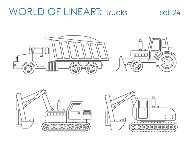 Bouwtransport al lineart set. Kipper graafmachine tractor grader. Lijn kunstcollectie.