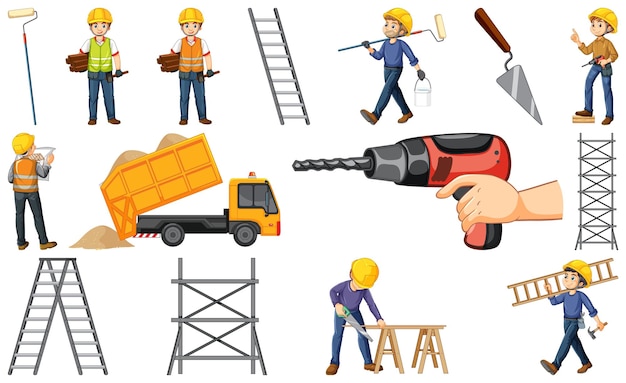 Gratis vector bouwvakker set met man en gereedschap