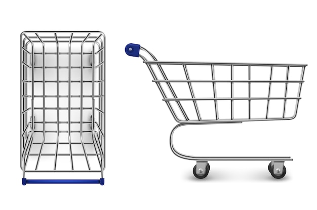 Boven- en zijaanzicht van het winkelwagentje, lege geïsoleerde supermarktkar