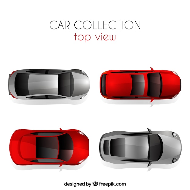 Bovenaanzicht auto collectie met zilveren en rode auto's Gratis Vector