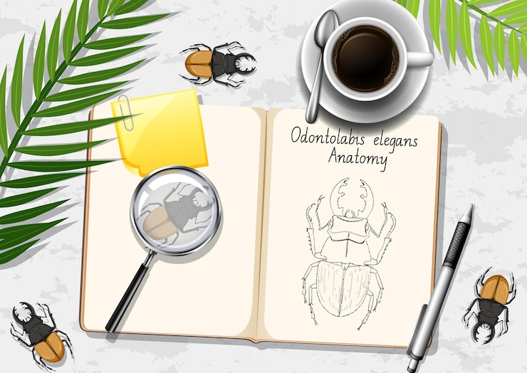 Gratis Vector bovenaanzicht kantoor werktafel met kantoorelementen met groene bladeren en insecten