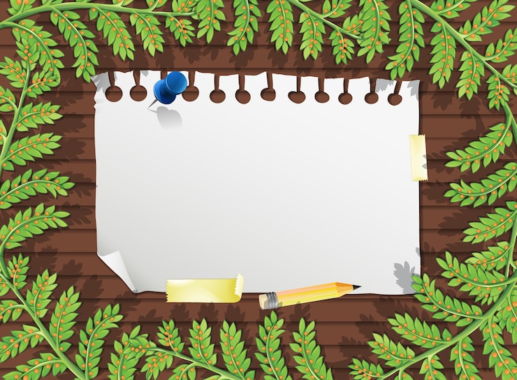 Gratis Vector bovenaanzicht van blanco papier op tafel met bladeren elementen