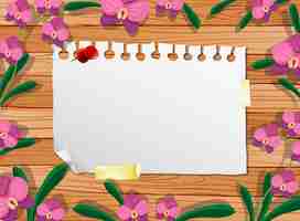 Gratis vector bovenaanzicht van blanco papier op tafel met bladeren en roze orchideeën elementen