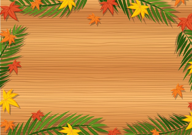 Bovenaanzicht van lege houten tafel met bladeren in verschillende seizoenelementen
