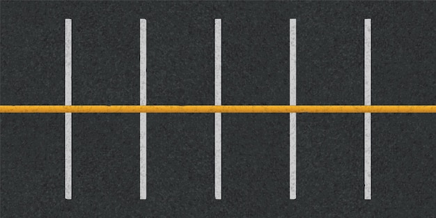 Gratis vector bovenaanzicht van parkeerterreinen op straat of ondergrondse garage vector achtergrond van lege parkeerplaats met witte en gele lijnen wegmarkering op zwart asfalt oppervlak