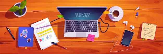 Bovenaanzicht van werkplek met laptop vector cartoon illustratie van oude houten bureau smartphone documenten en notebooks kopje koffie plant op tafel startup business kantoor onderwijs werkruimte