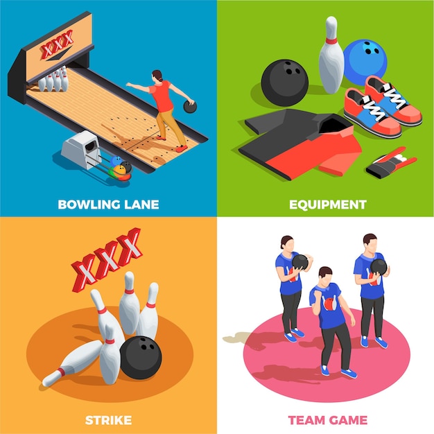 Gratis vector bowling apparatuur team van spelers en spel positie staking isometrische concept geïsoleerd