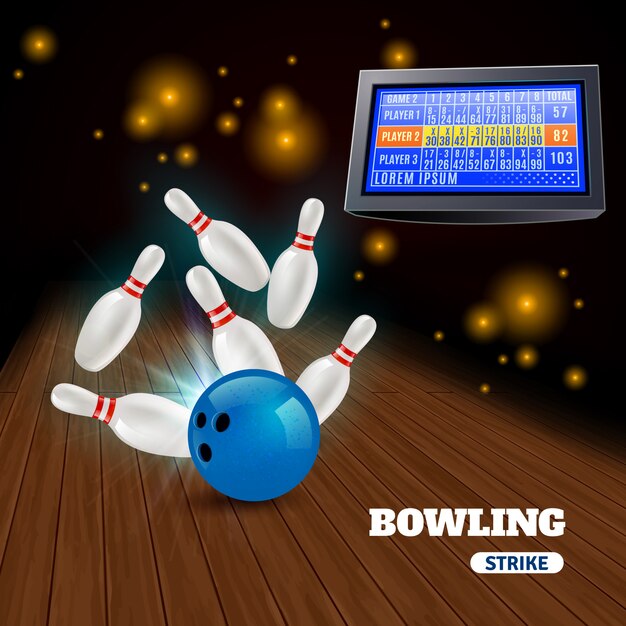 Bowling staking 3d compositie met het raken van blauwe bal op pinnen en resultaten op scorebord