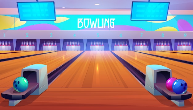 Gratis vector bowlingbanen met ballen, spelden en scoreborden.