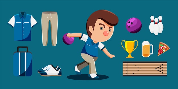 Bowlingspeler cartoon en uitrusting set zoals bal uniform rijbaan pin trofee schoen