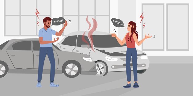 Boze mensen platte samenstelling met buitenlandschap en weergave van verkeersongeval met ruzie chauffeurs karakters vectorillustratie