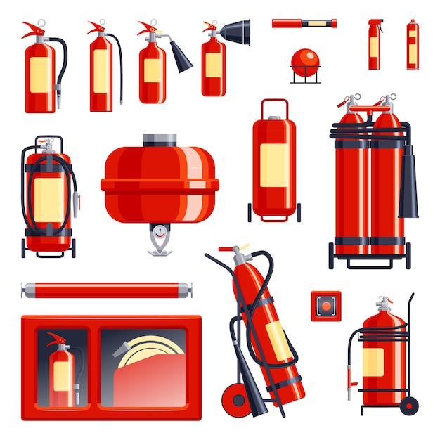 Gratis vector brandblusser set met geïsoleerde iconen van brandweerflessen van verschillende grootte vanuit verschillende invalshoeken vector illustratie