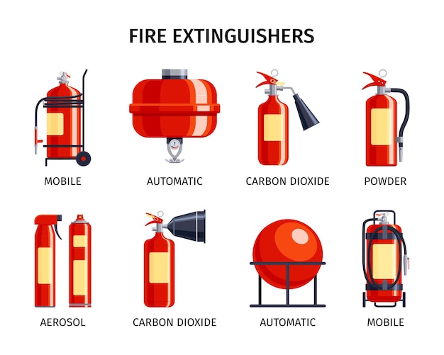 Brandblusserset van geïsoleerde iconen met bewerkbare tekstbijschriften en afbeeldingen van verschillende soorten brandblussers vectorillustratie