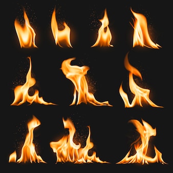 Brandende vlamsticker, realistische vectorset voor vuurafbeeldingen
