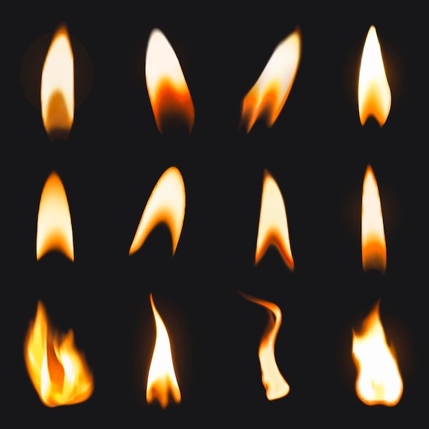 Gratis vector brandende vlamsticker, realistische vectorset voor vuurafbeeldingen