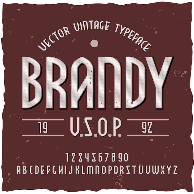Gratis vector brandewijn achtergrond met vintage lettertype label met bewerkbare sierlijke tekst en letters illustratie