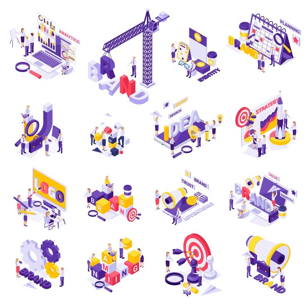 Branding concept isometrische pictogrammen instellen met doel Darten Schaken strategie samenwerking tandwielen Vergrootglas zoeksymbolen vector illustratie