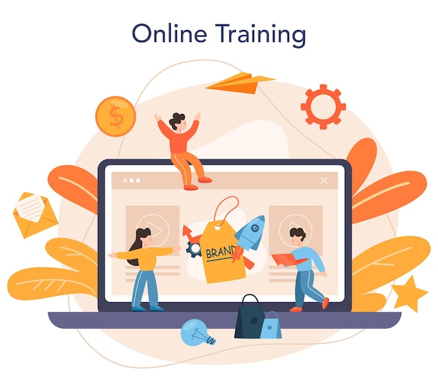 Gratis vector brandmanager online service of platform marketingspecialist creëert uniek ontwerp van een bedrijf merkherkenning online training geïsoleerde vlakke afbeelding