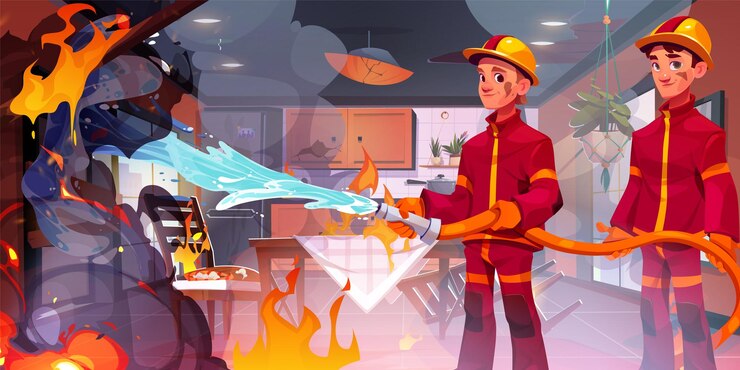 Gratis Vector brandrook op huiskeuken en brandweerman vectorconcept gevaarvlam thuis in kookruimte rokerige hitte noodongeval en dappere man team reddingsappartement met water in slang van ramp