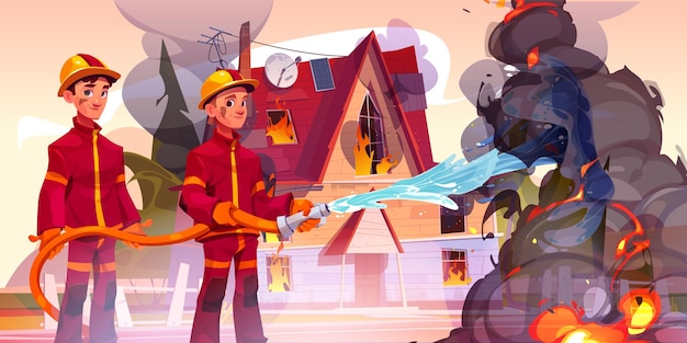 Gratis vector brandweer blussen ontsteking in huis