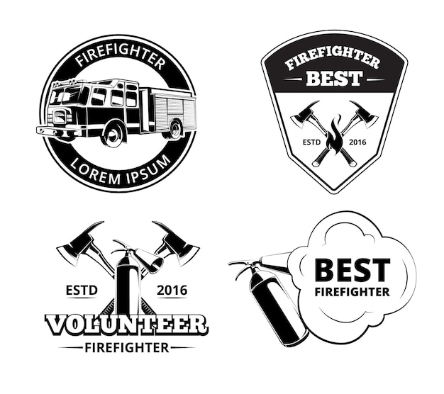 Gratis vector brandweer, brandweerman labels en badges vector set. bescherming brand emblemen