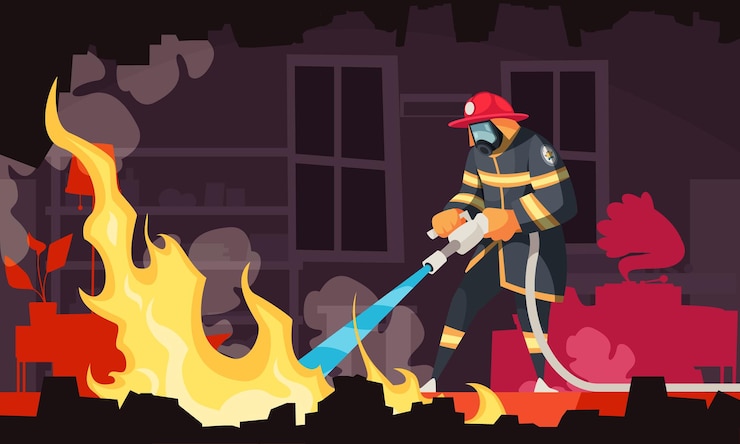 Gratis Vector brandweerman met masker en helm die brand blust met slang in met rook gevulde kamer cartoon afbeelding