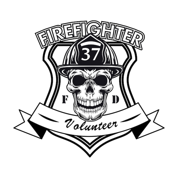 Brandweerman vrijwilliger logo met schedel vectorillustratie. Hoofd van karakter in helm met nummer en tekstvoorbeeld